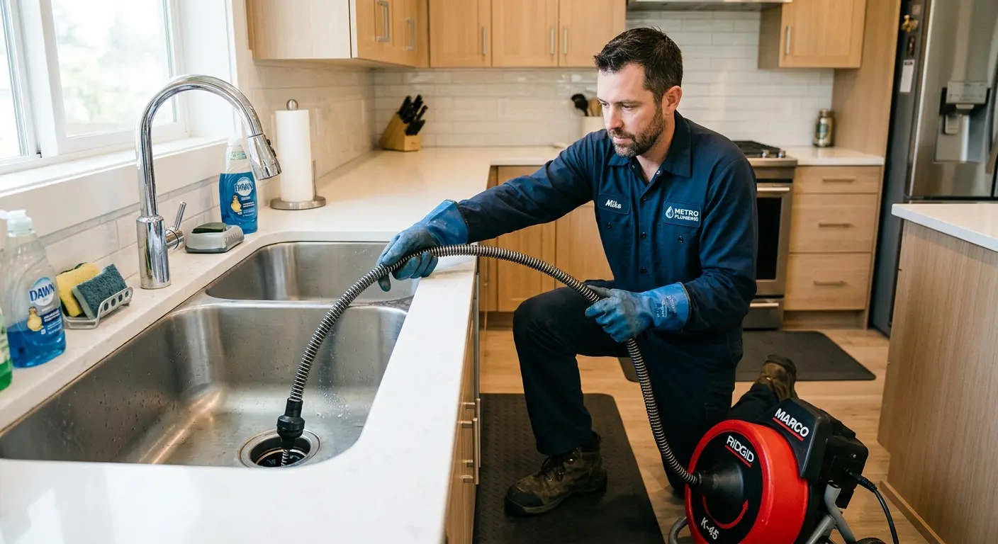 Drain cleaning technician using a motorized snake on a kitchen sink in Waconia
