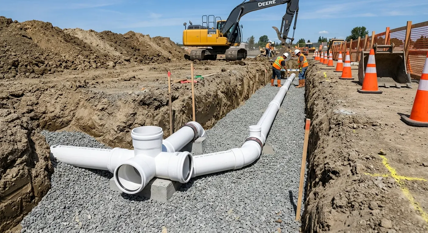 New PVC sewer pipe installation in open trench for Grease Trap Cleaning in Waconia