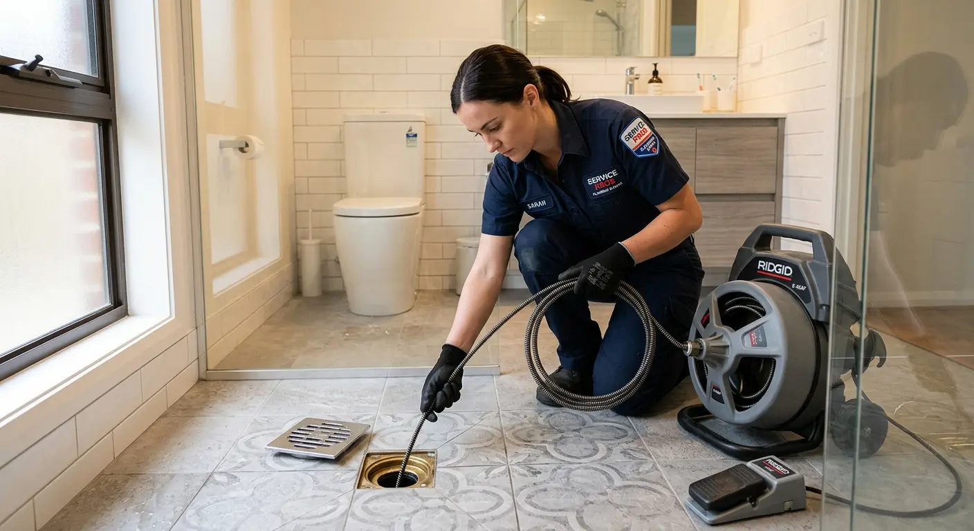 Technician clearing a bathroom floor drain for Hydro Jetting in Waconia